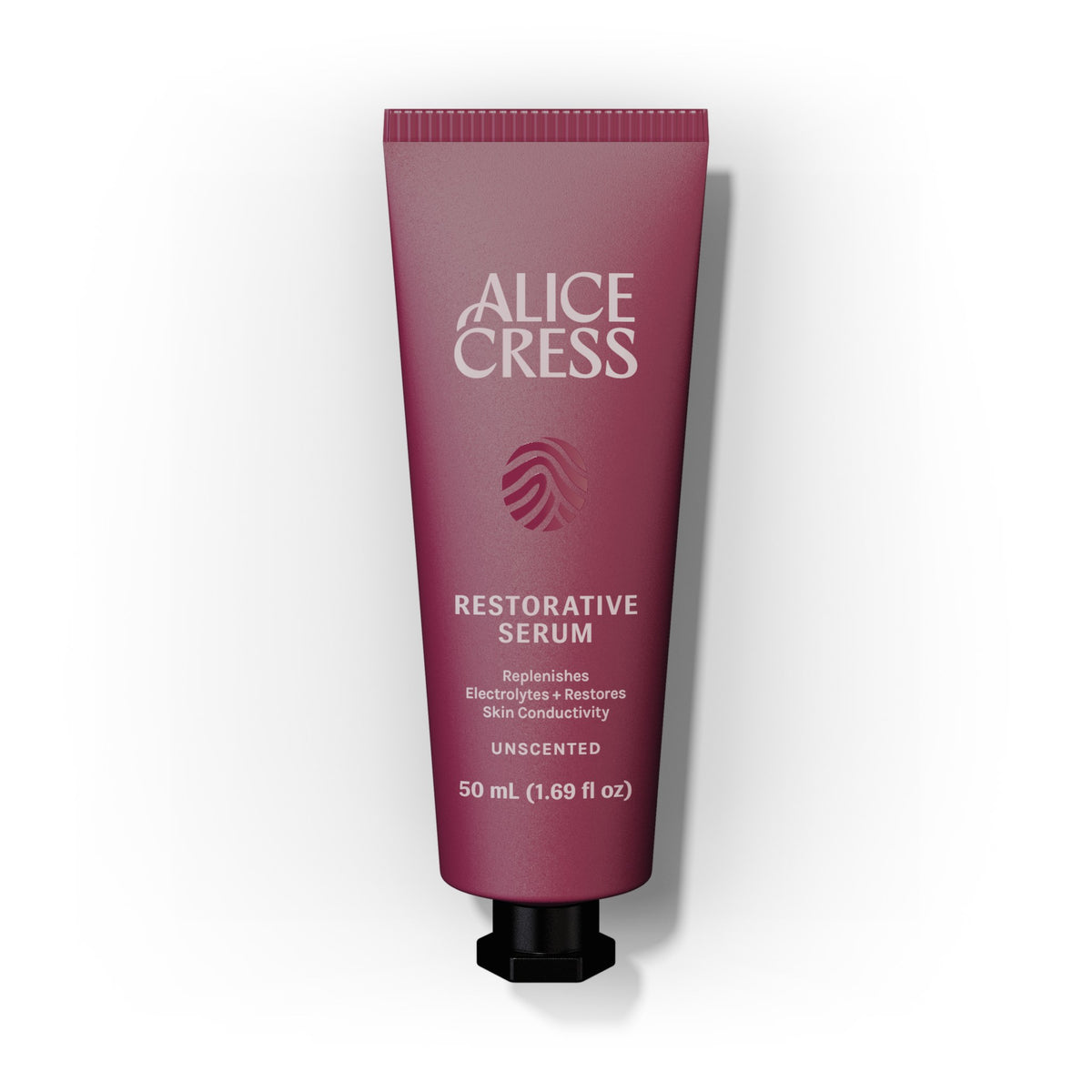 A fifty milliliter tube of Alice Cress Restorative Serum on a clean white background. The tube is a deep burgundy color with white text and a black cap.