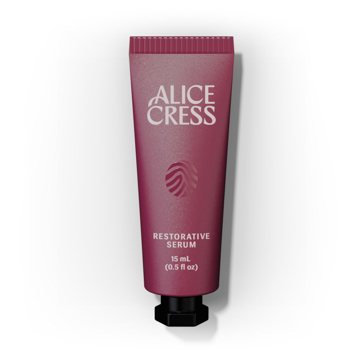 A fifteen milliliter tube of Alice Cress Restorative Serum on a clean white background. The tube is a deep burgundy color with white text and a black cap.